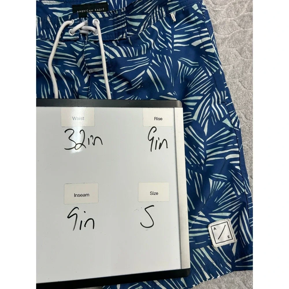 American Eagle Mens Board Shorts Blue Green Abstract Palm Leaf Swim Trunks Small